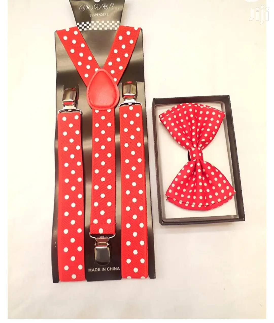 Red Polkadot Suspender and a Bow Tie.