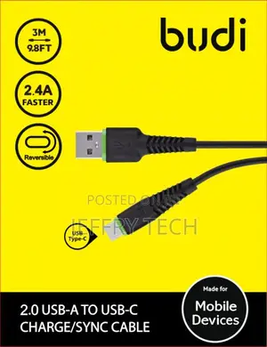 Budi Data Cable Type-C // 3-Meters , BLACK