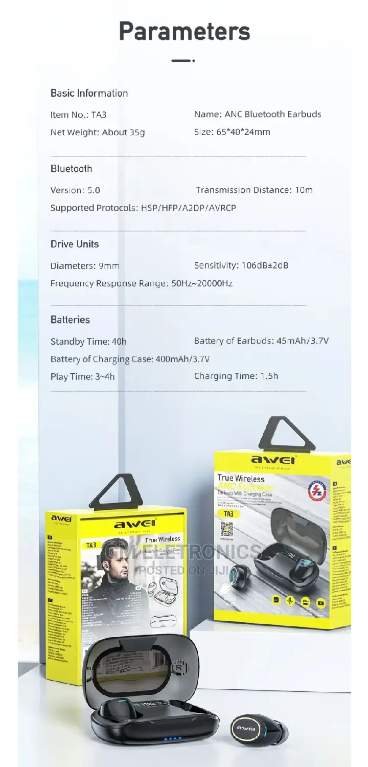 AWEI TA3 TWS ANC Earbuds In-Ear Handsfree Bluetooth.