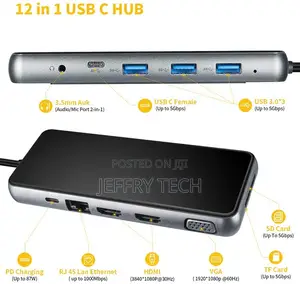 USB C Hub, 12-In-1 Type C Hub With Ethernet+4K 2* HD-MI+VGA+
