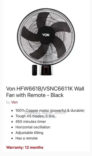 Von Wall Fan With Remote Black 5fin