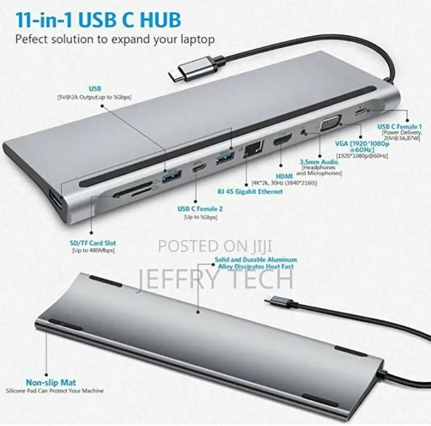 11in1 USB C Adapter Type C Hub, USB 3.0 Ethernet VGA 4K HDMI