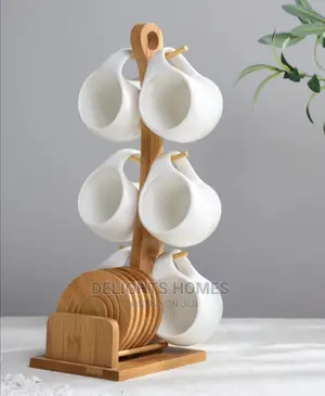 6pc Ceramic Cups With Wooden Stand and 6coasters