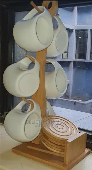 6pc Ceramic Cups With Wooden Stand and 6coasters