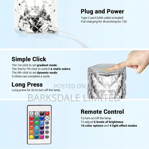 Crystal Bedside Lamp Rechargeable Night Light Remote Control