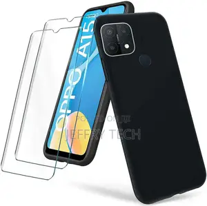OPPO A15 Case, Black Shockproof Silicone Gel Phone Cover + 1