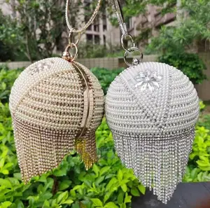 Round Pop Ball Tassel Sling Pearl Clutch Shinny Bag