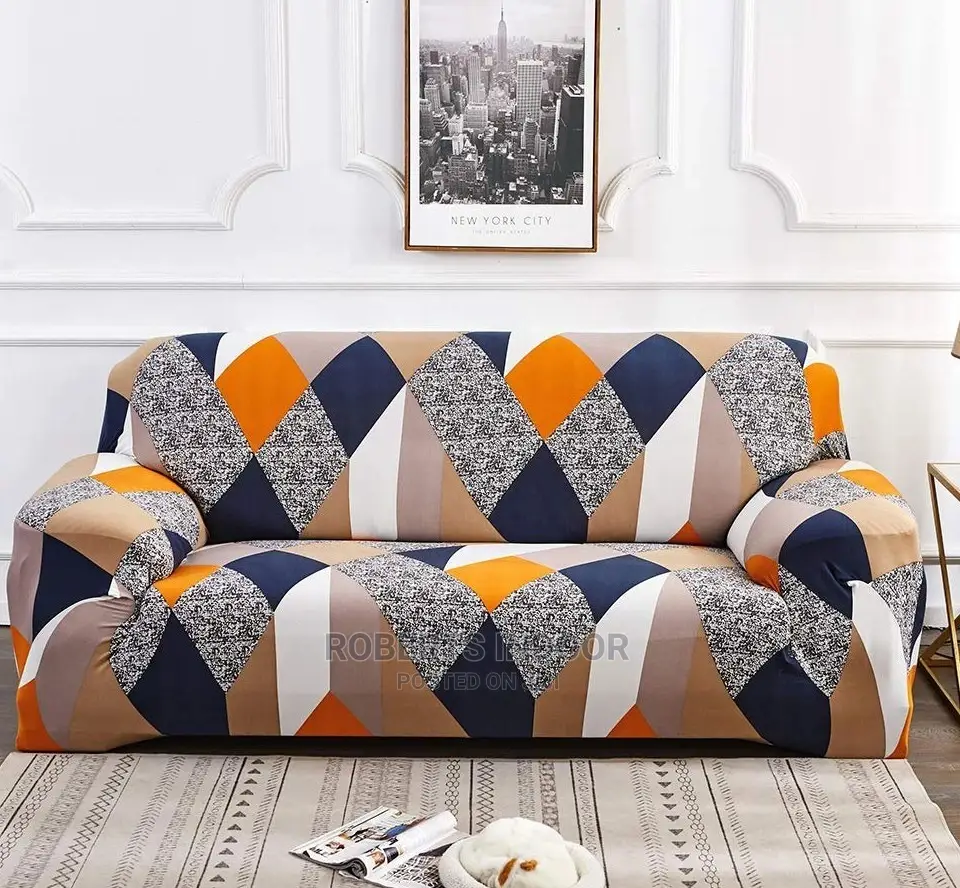 Printed Orange and Blue 3 Seater Sofa Cover
