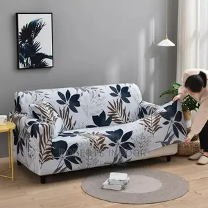 Flowered White Polyester 5 Sitter Sofa Cover