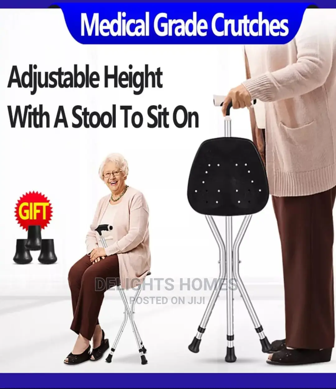2 in 1 Elderly Walking Stick Cum Stool