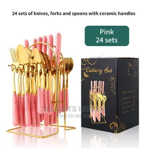 24pcs Marble Stainless Steel Gold Cutlery