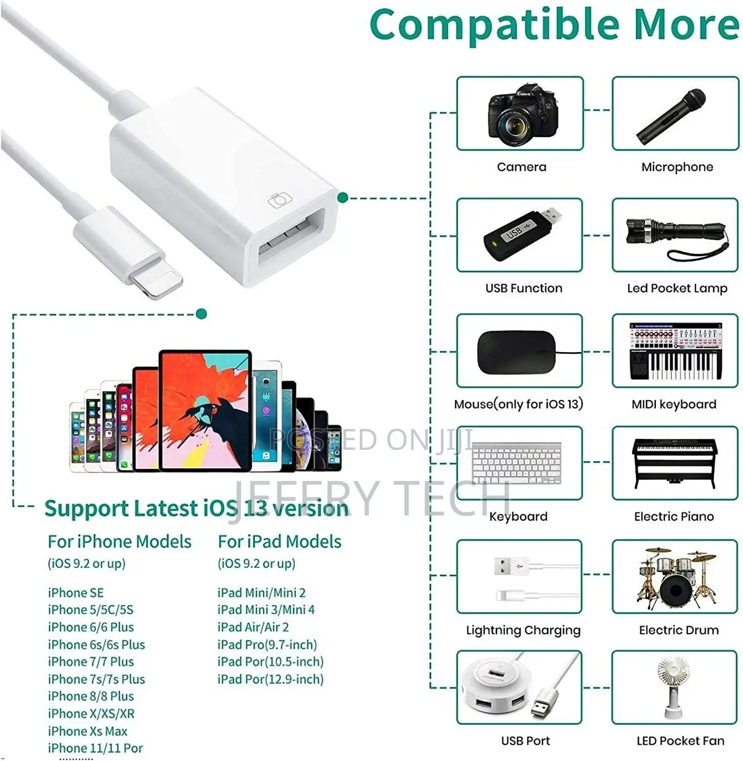 USB Female OTG Connector Adapter Cable for Apple iPhone Ipa
