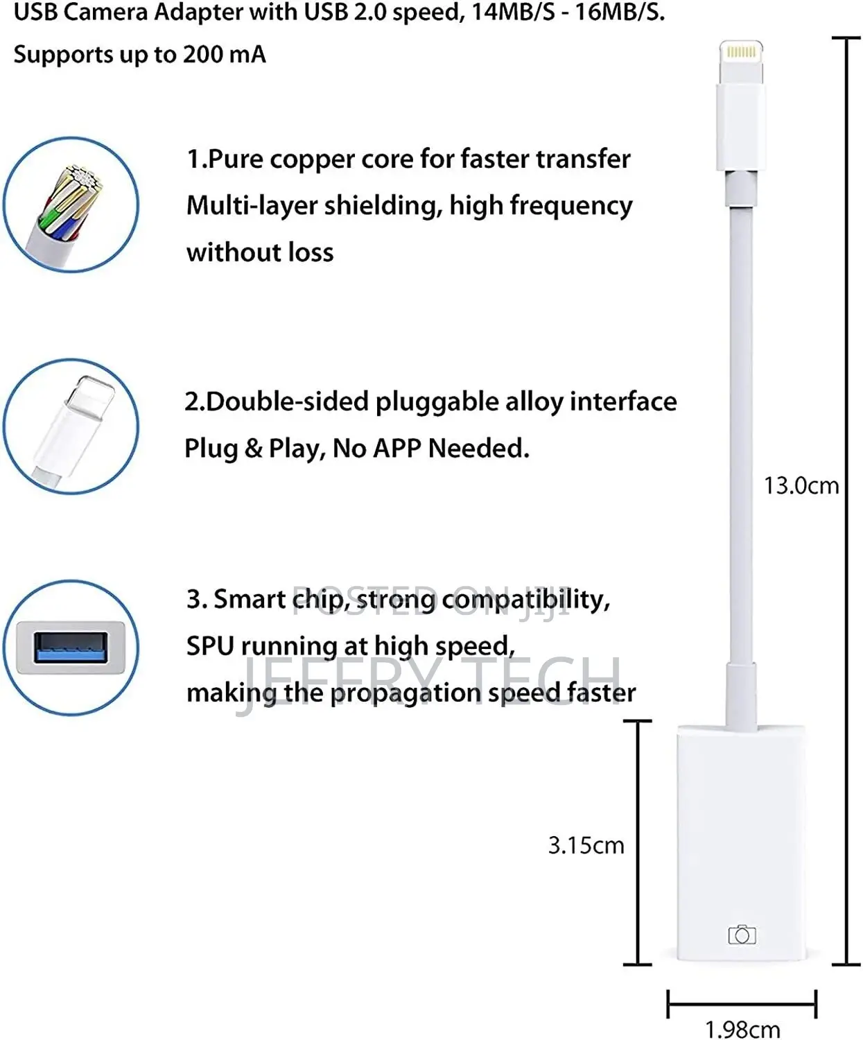 USB Female OTG Connector Adapter Cable for Apple iPhone Ipa