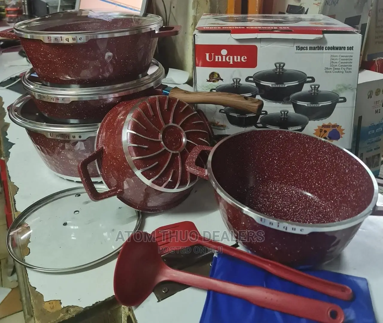 15pcs Unique Marble Granite Coating Cookware Set Winered .