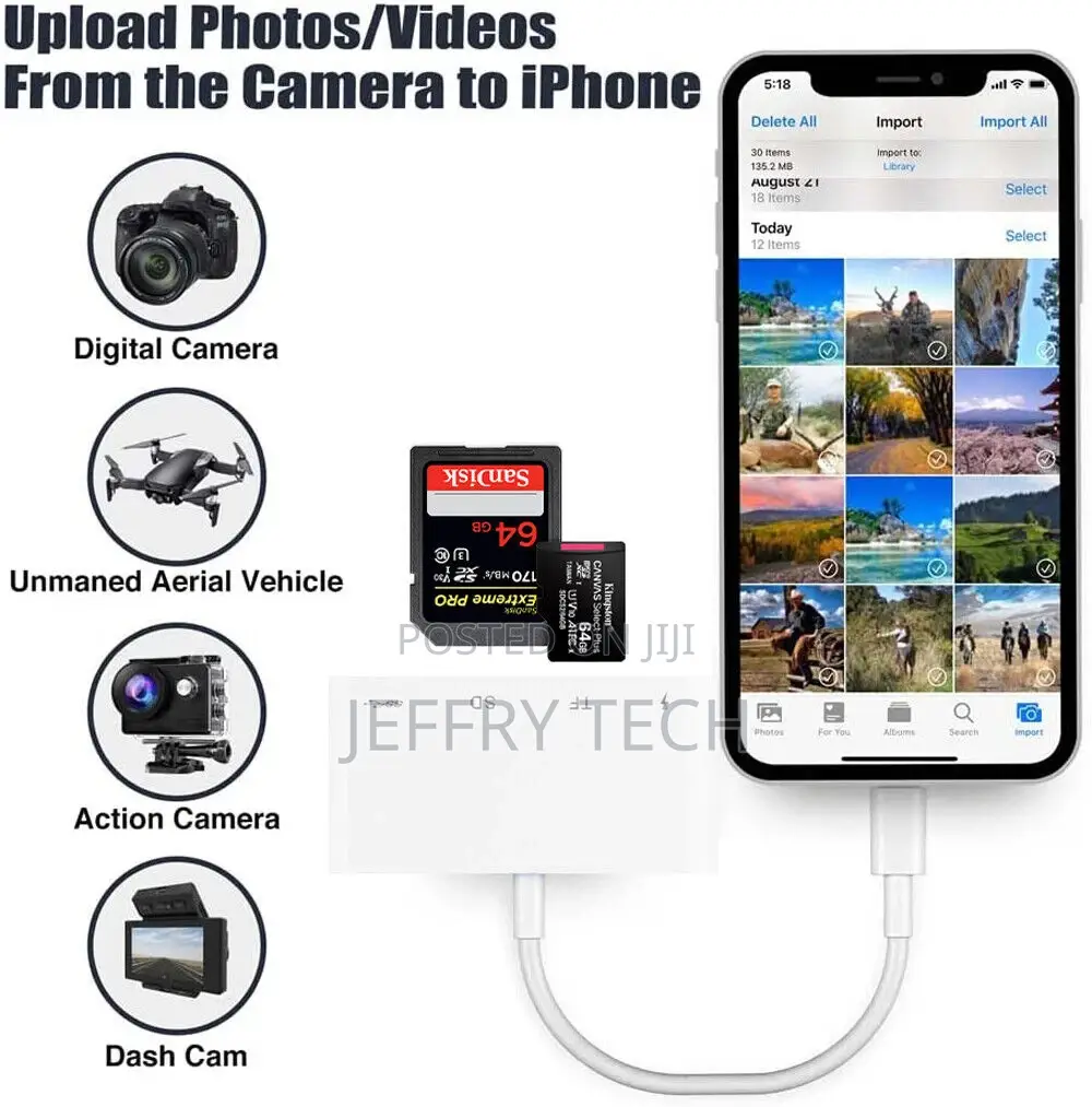 SD Card Reader USB Camera Adapter for iPhone 14 + Pro, Suppo