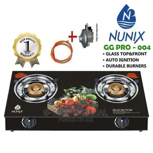 Nunix Glass Top Double Burner Gas Stove + Pipe Regulator