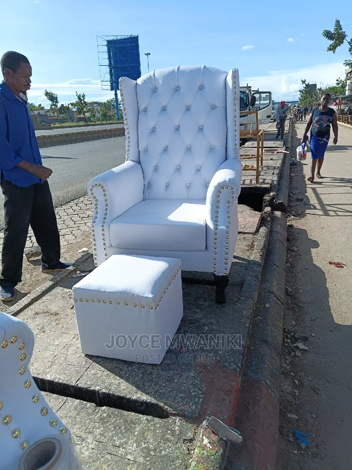 Wing Chair White and Gold Plus a Stool