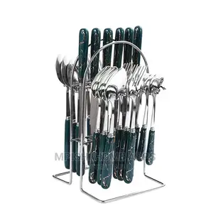 24pcs Silver Cutlery Set With Ceramic Handle