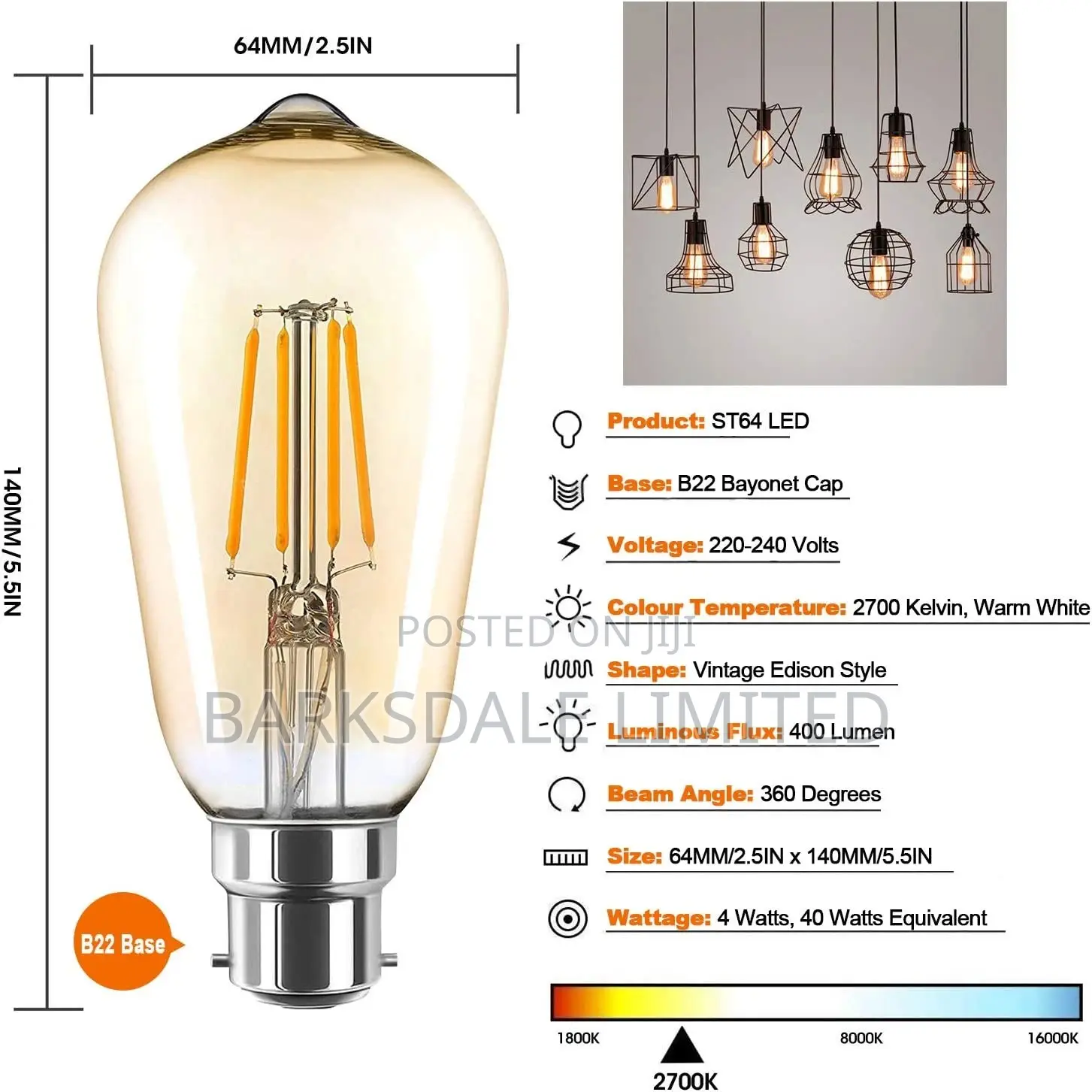 Led Filament Edison Warm White Light Bulb B22 Pin Dimmable