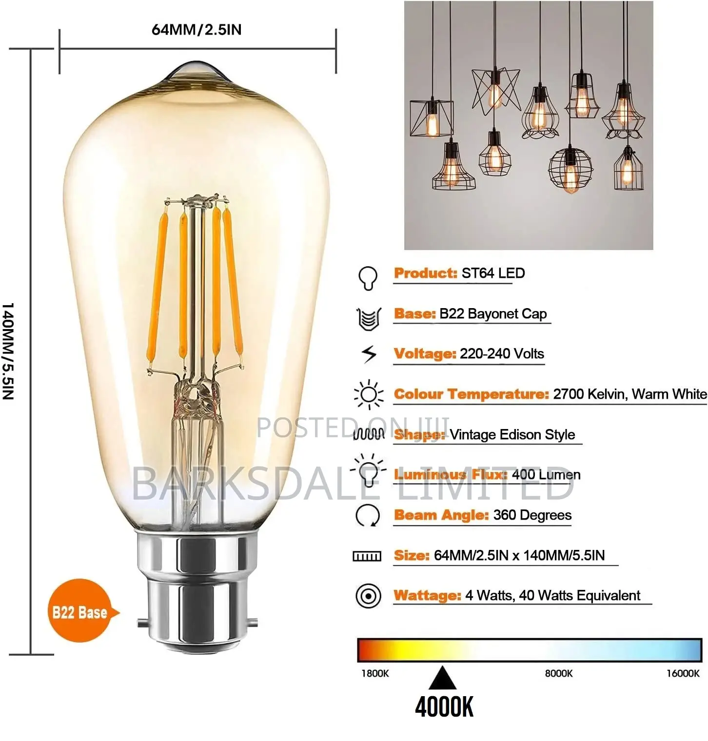 Led Filament Edison Warm White Light Bulb B22 Pin Dimmable
