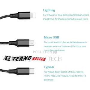 Charging Cable 3 in 1 From USB to (Type-C, Micro, iPhone) -