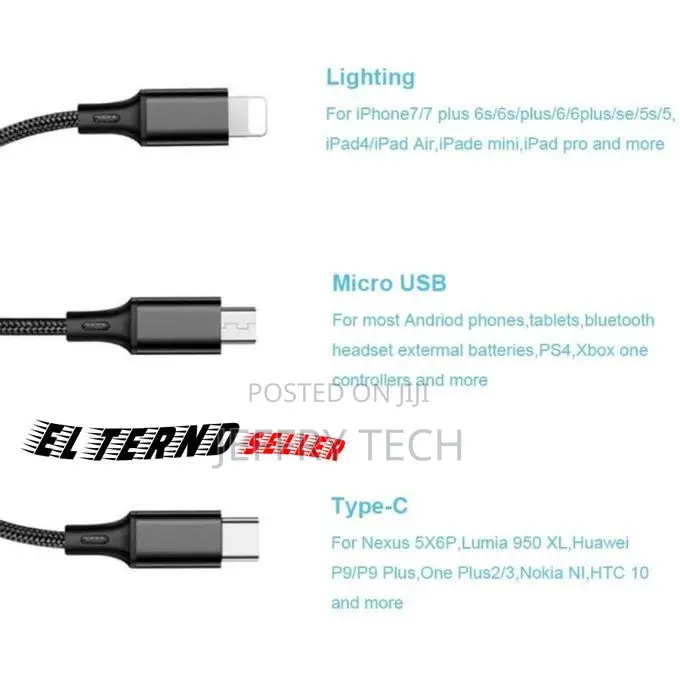 Charging Cable 3 in 1 From USB to (Type-C, Micro, iPhone) -