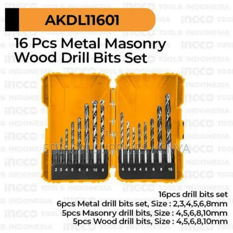 Ingco Drill Bits 16pc Metal,Masonry,Wood Drill Bits Akdl1160