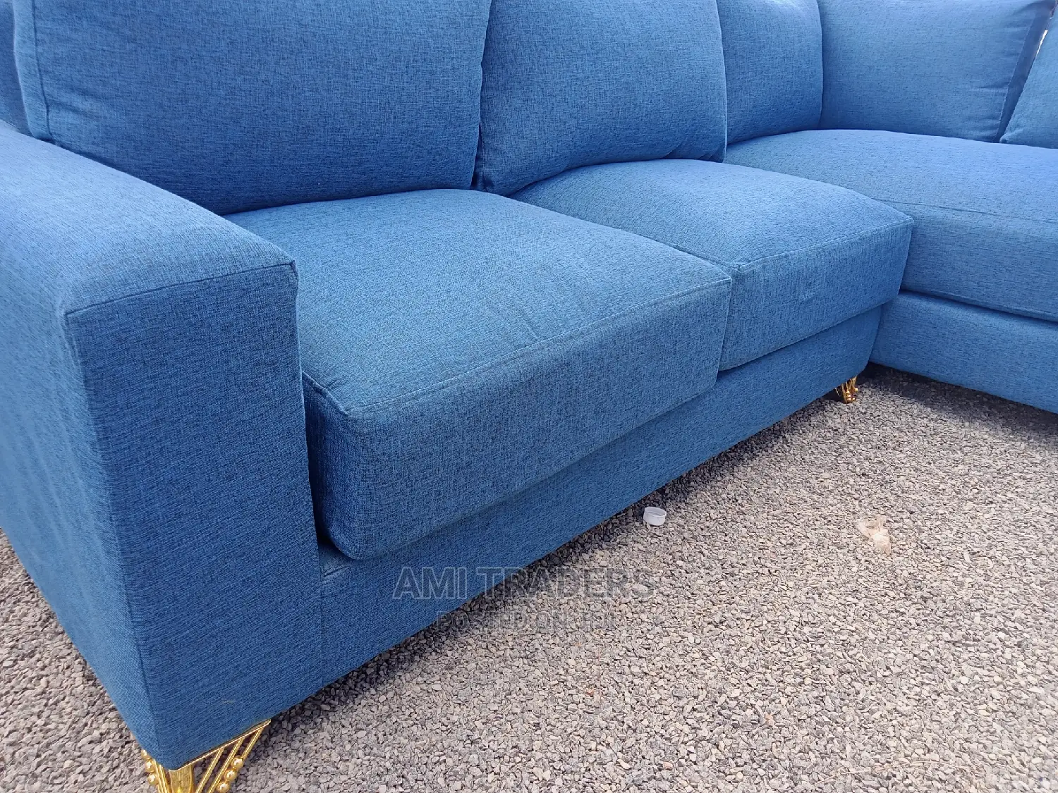 L Shaped Blue Sofas With Spring Cushions