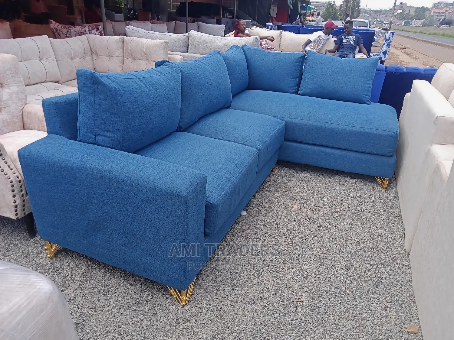 L Shaped Blue Sofas With Spring Cushions