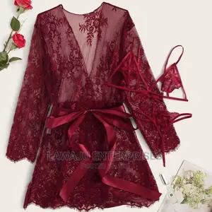 3pcs Robe, Thong Bra Lace Lingerie Set