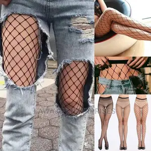 Ladies High Waist Fishnet Stockings (Red Black)