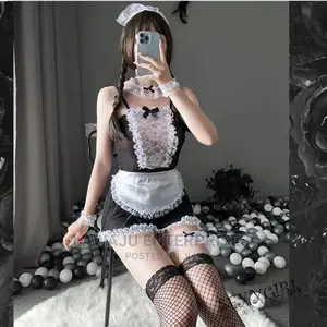 Ladies Women Maid Outfit With Fishnet Thigh High Stocking