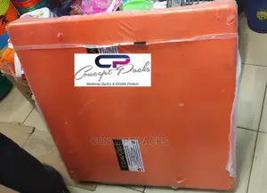 Orange Plastic Table With Metallic Legs.