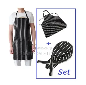 Chef Black White Striped Apron Skullcap Bandana Adjustable