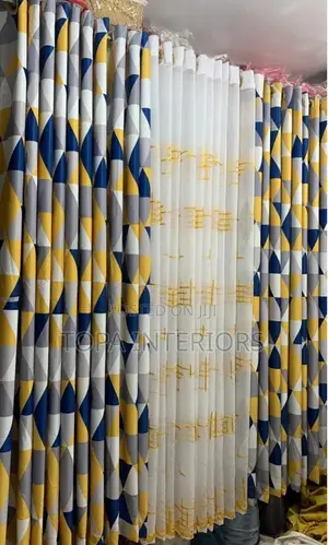 Double Sided Blue Yellow and Grey Window Curtains