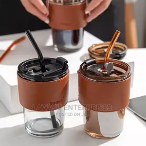 Cute 450ml Glass Cup With Straw Brown Leather Cover