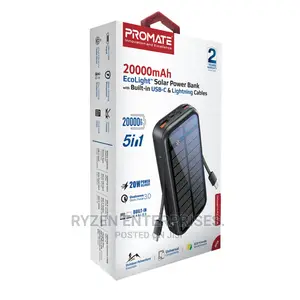 Promate 20000mah Solar Power Bank With 20w Power Delivery.