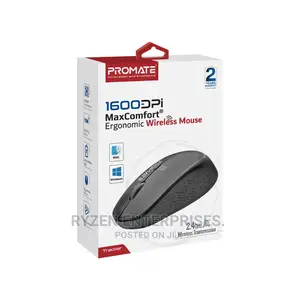 Promate 1600DPI Wireless Ergonomic Contoured Mouse, Black
