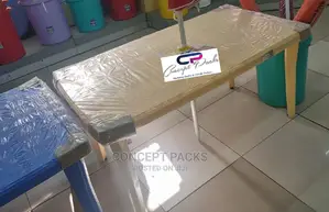 Cream Six Seater Plastic Table With Umbrella Hole