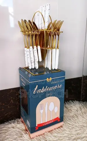 Gold With Marble Handle 24pcs Cutlery Set