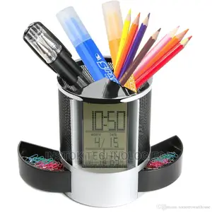 Pen Pencil Holder Digital LCD Desk Alarm Clock Mesh