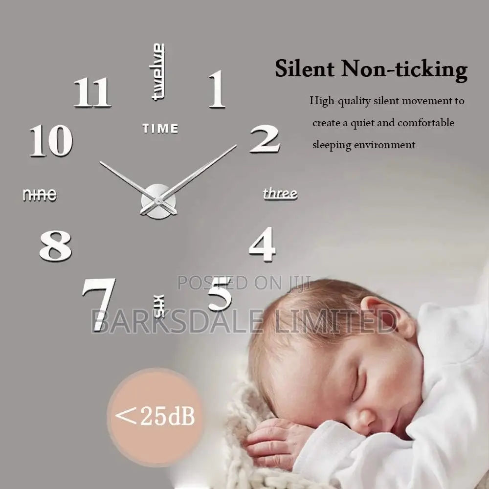 DIY Clock Wall Clock Mirror Stickers Silver Silent 3D Large