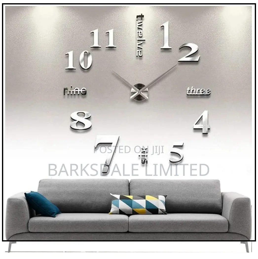 DIY Clock Wall Clock Mirror Stickers Silver Silent 3D Large