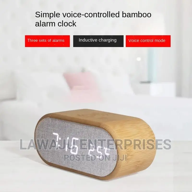 Wooden Digital Alarm Clock With Wireless Charging Display,