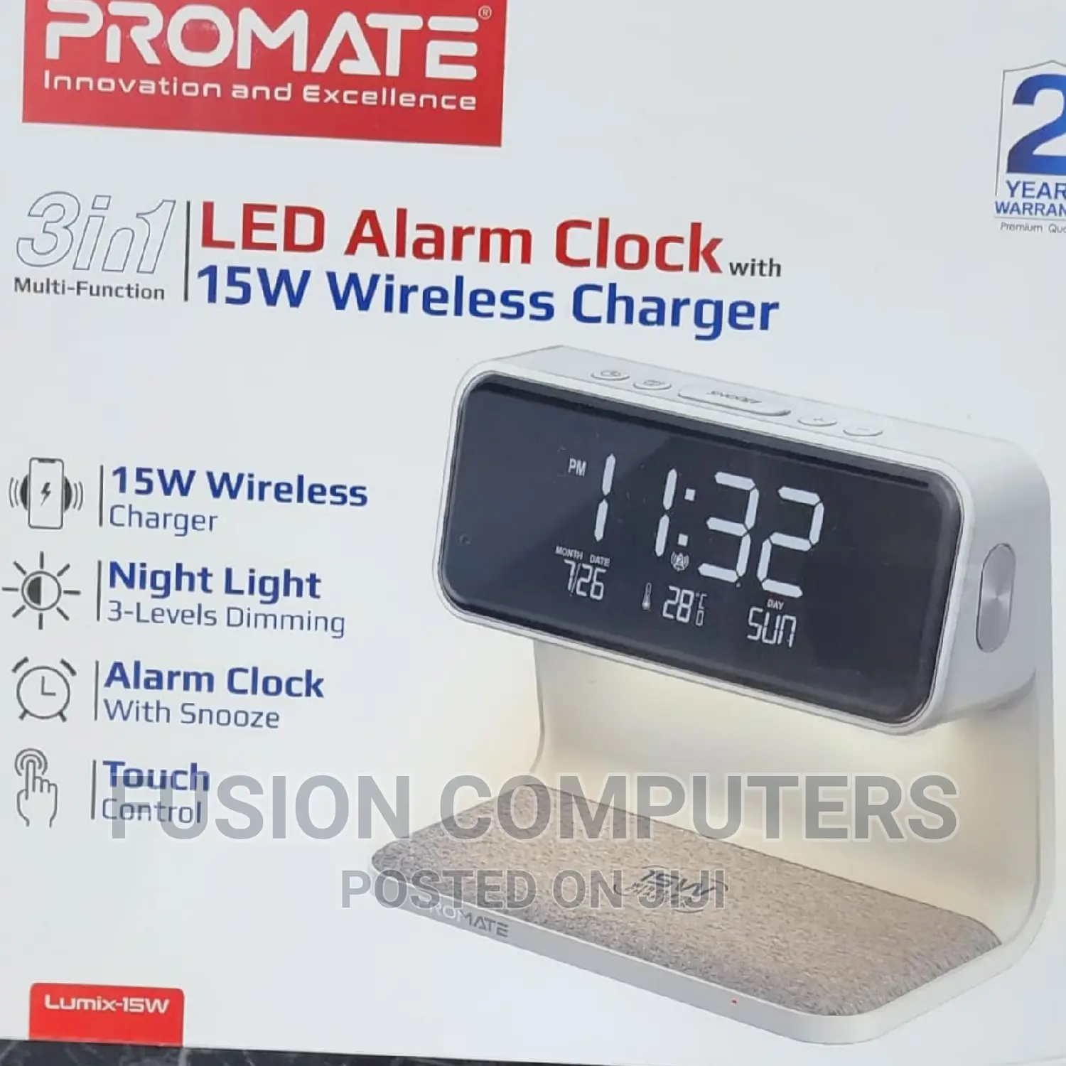 Promate Digital Multi-Function LED Alarm Clock 15W Charger
