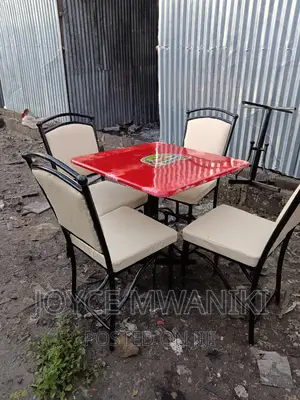 Restaurant Set, Cream White Chairs and Red Table.