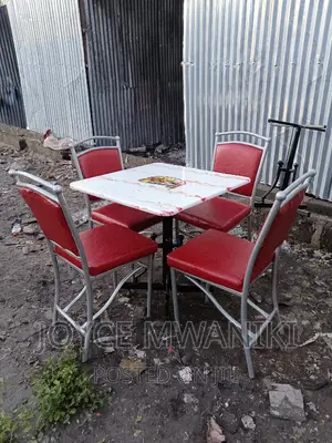 Restaurant Set, Red and Silver With White Square Table.