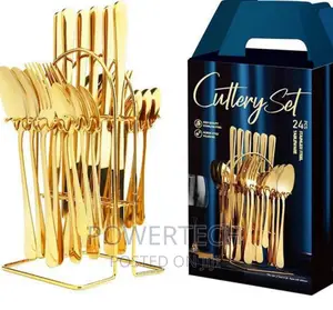 Cutlery Set With Stand 24 Pieces Spoon Set- Gold .