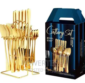 Cutlery Set With Stand 24 Pieces Spoon Set Gold.