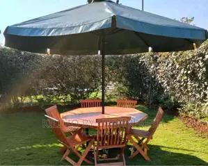 Garden Umbrella + Wooden Chairs Table